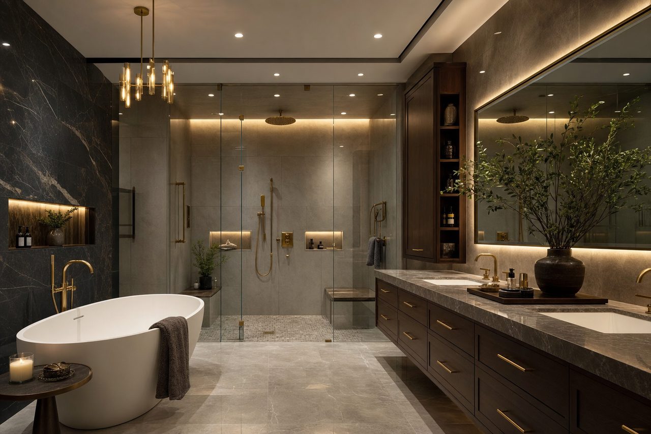 Luxury master bathroom remodel with freestanding tub and brass fixtures