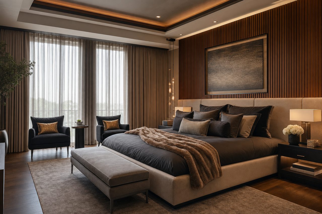 Elegant master bedroom remodel with wood accent wall