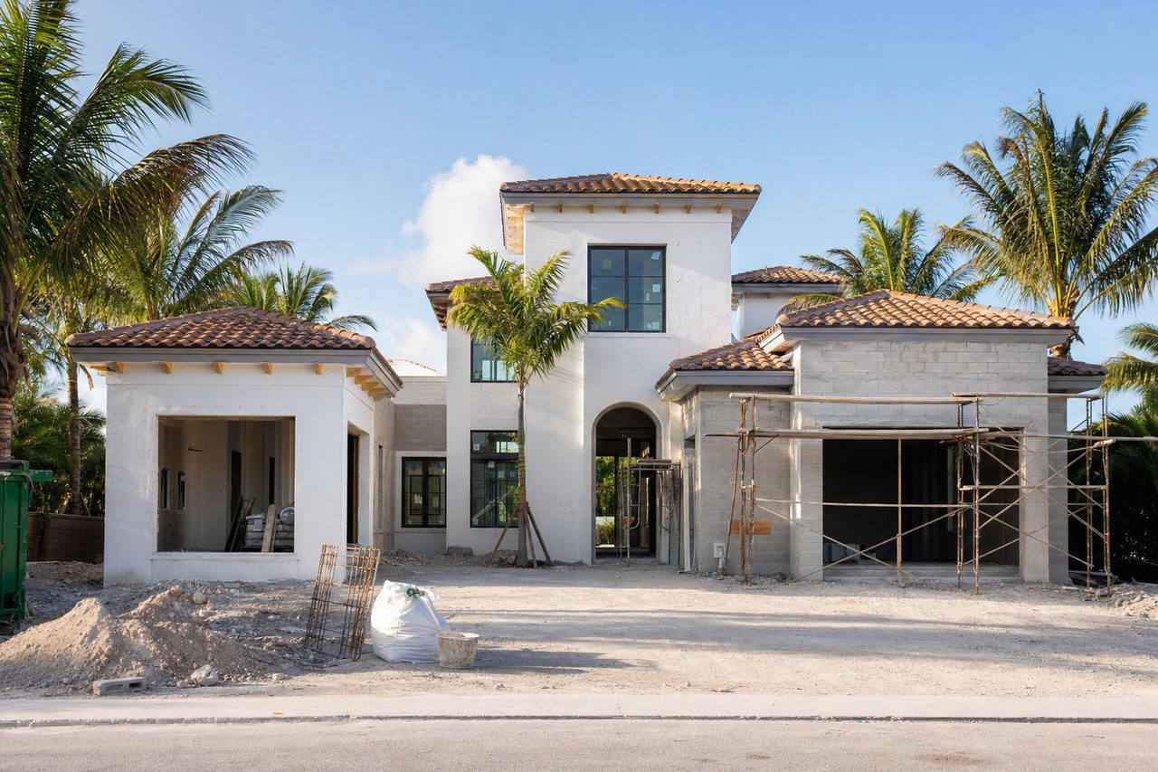 Luxury West Palm Beach home build under construction with palm trees