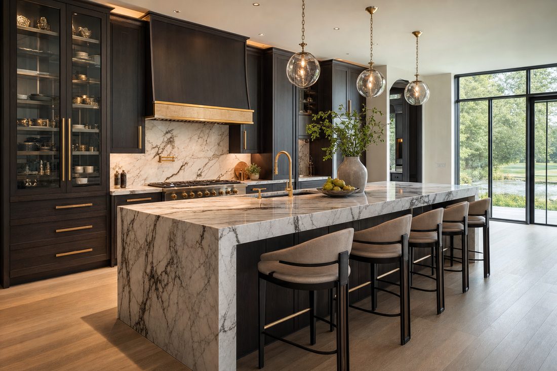 Luxury renovated kitchen with marble waterfall island and brass fixtures