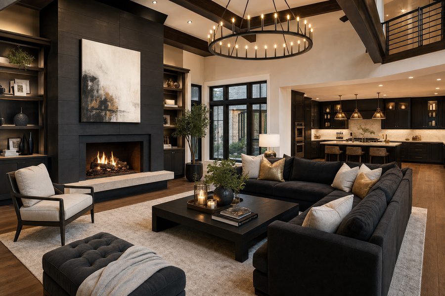 Elegant remodeled open-concept living room with fireplace